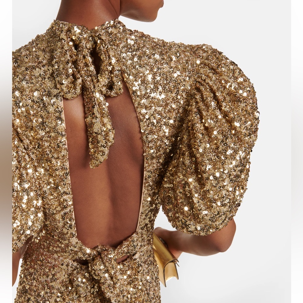 Gold Sequin Midi Dress with Puff Sleeves and High Neck - Picture 3 of 15